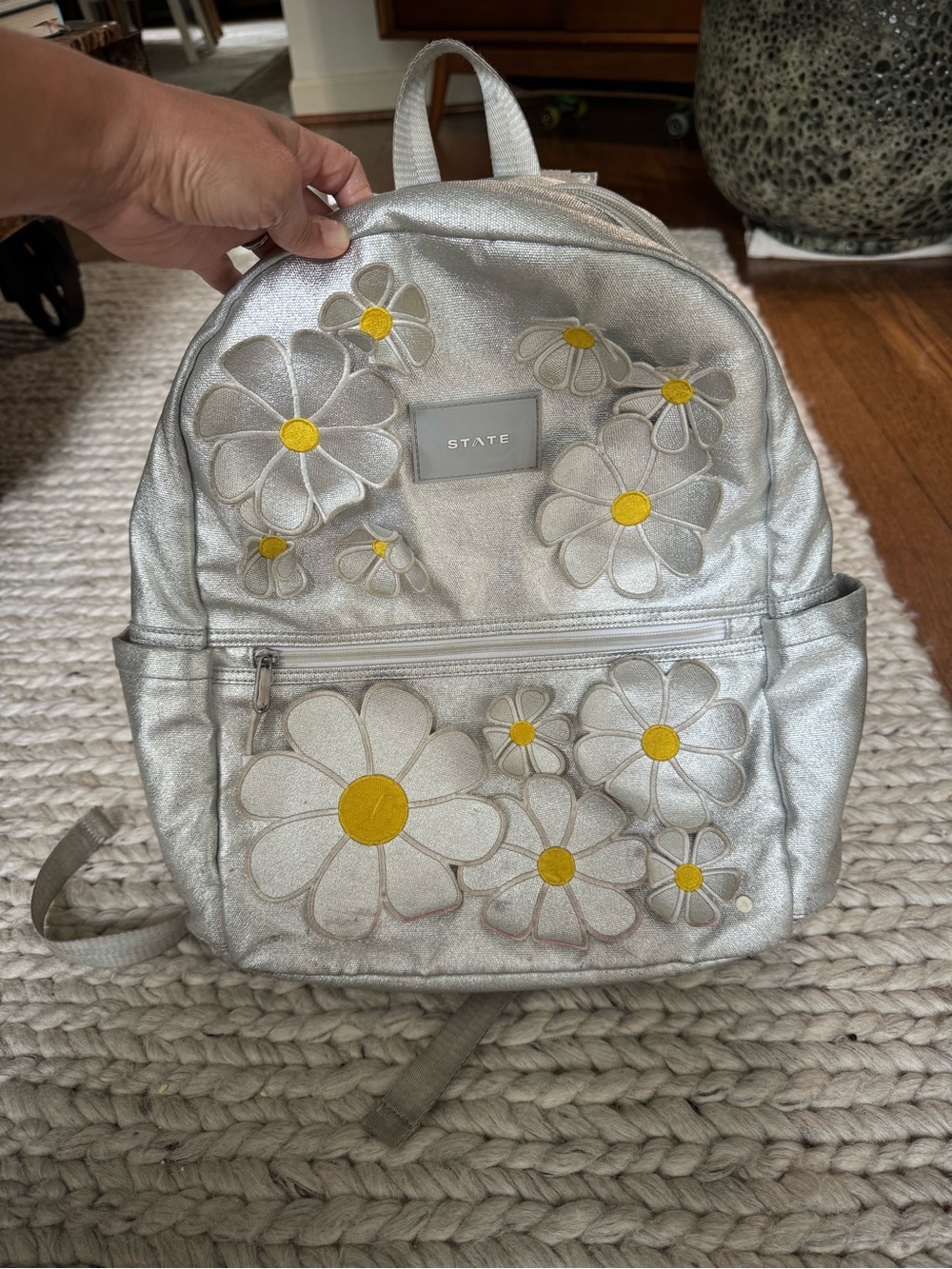 STATE Silver Backpack with Yellow Daisy Appliqués